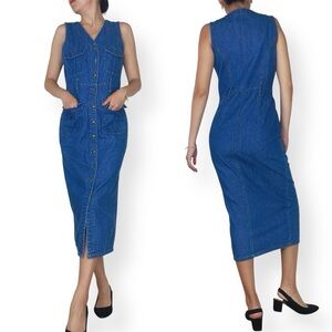 Vintage California Gold Rush Sleeveless Denim Button-Front Midi Dress Size S